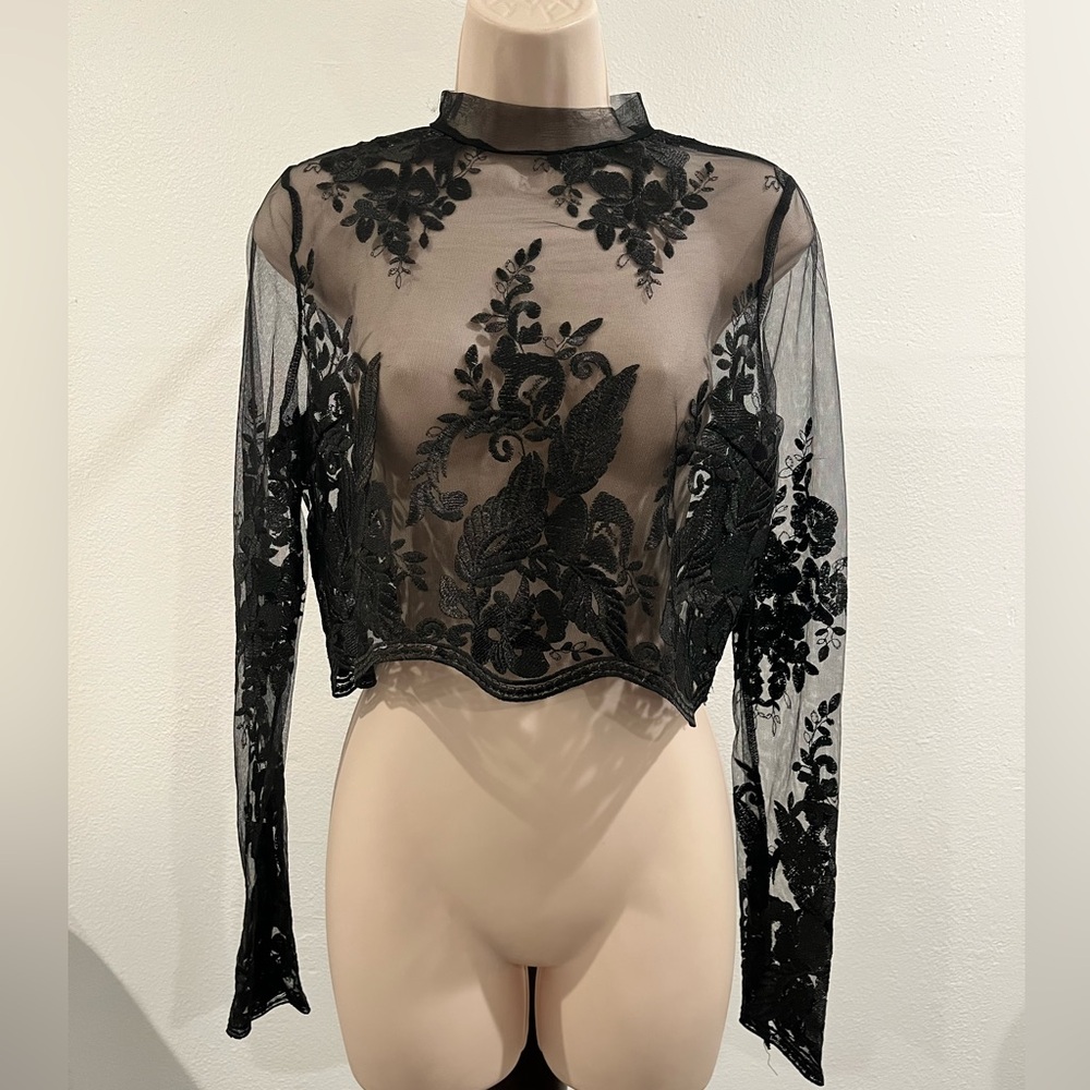 New Black Medium lace/mesh , cropped ,dressy ,long sleeve blouse, 100% polyester